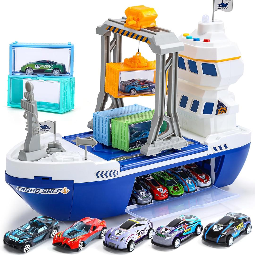 CUTE STONE Cargo Ship Toy & Gantry Crane, Toy Boat and Crane Playset with Sounds & Lights, Transport Containers, Push and Go Vehicle Cars, Kids Play Boats for Boys Girls
