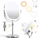 9'' Lighted Makeup Mirror with 1x/7x Magnification, Height Adjustable Vanity Mirror, 3 Color Light Lighted Mirror with Magnification, Rechargeable 360 Swivel Double Sided Makeup Mirror, Chrome