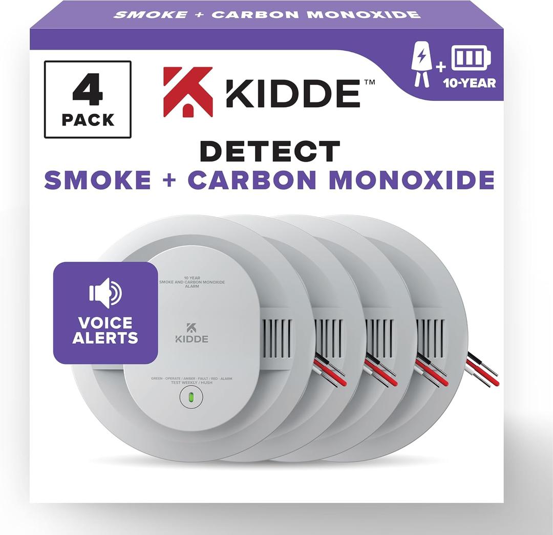 Kidde Hardwired Smoke & Carbon Monoxide Detector, 10-Year Battery Backup, Voice Alerts, Interconnectable LED Warning Light Indicators, 4 Pack, EXP: NOV 20/2034