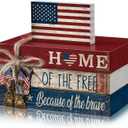 4 Pcs Memorial Day Decorations Fourth of July Tiered Tray Decorations Independence Day Wood Rustic Patriotic Book Block Sign 250th Anniversary for Farmhouse Table Home Tabletop Bookshelf
