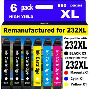 Remanufactured Ink Cartridges Replacement for Epson 232XL Ink Cartridges Combo Pack 232 T232XL for XP-4200 XP-4205 Workforce WF-2930 WF-2950 Printer 6 Pack 3 Black 1 Cyan 1 Magenta 1 Yellow
