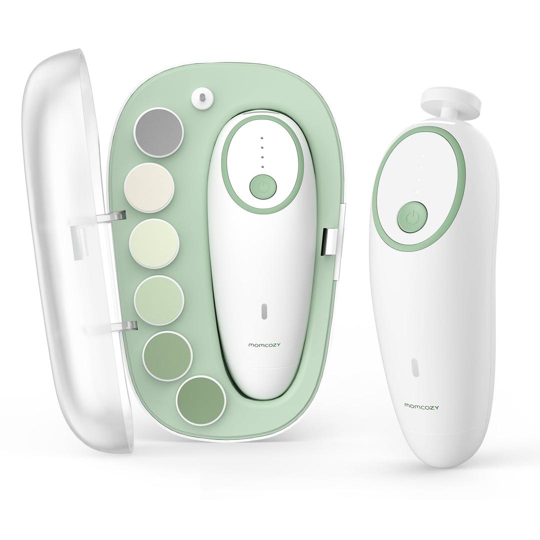 Momcozy Baby Nail File Electric, Gentle Baby Nail Trimmer Electric, Baby Nail Clipper with Night Light, 7 Grinding Head Replacement Pads, Green