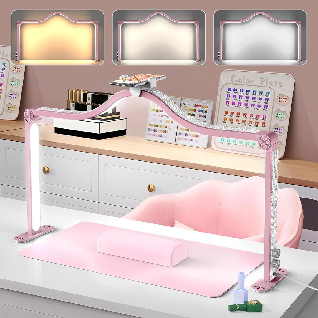 Yokilly Arc Half Moon Light: 34" Shadow-Free Half Moon Light for Desk Salon - Foldable LED Desk Lamp with Stepless Brightness for Manicurist (Rose Pink)