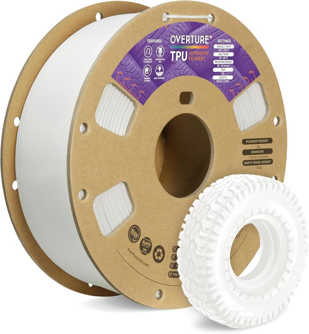 OVERTURE TPU Filament 1.75mm Flexible Roll, 95A Soft 3D Printer Filament, 1kg Spool (2.2 lbs), Fit Most FDM Printer (TPU White)