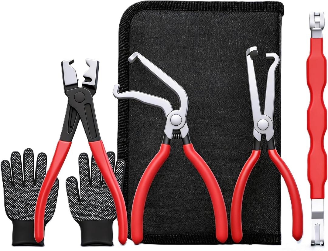 5-Pcs Kit Electrical Disconnect Pliers Set w/Gloves - Auto Connector Tool for Fuel Line, Wiring, Sensors & Coils | Quick-Release Car Truck Repair (Red)