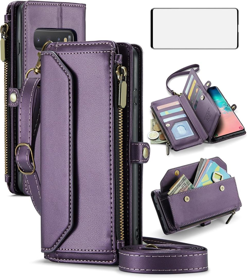 Asuwish Phone Case for Samsung Galaxy S10 Zipper Wallet Cover with Tempered Glass Screen Protector and Leather Flip RFID Blocking Credit Cash Card Holder Cell S 10 Edge 10S GS10 X10 Women Girls Purple