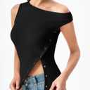 QINSEN Womens Off Shoulder Asymmetrical Tops Diagonal Button-up Closure Split Hem Cropped T Shirts Y2k Tank Top (Black, XL)