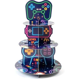 Neon Video Game Cupcake Stand - 3-Tier Glow Video Game Round Cake Stand Cupcake Tower, Gaming Themed Cardboard Dessert Holder Party Decorations for Kids Boys Birthday Party Supplies