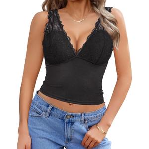 Avidlove Lace Tank Top for Women Summer Deep V Neck Y2K Crop Top Sexy Slim Fit Going Out Tops (Black), XL