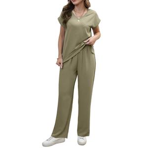 CAENP Women's Casual 2-Piece Set - Wide-Leg Pants & Batwing Sleeves Gray-green M (M)
