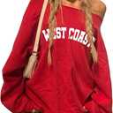 WDIRARA Women's Spiderweb Graphic Off Shoulder Sweatshirt Long Sleeve Pullovers Oversized Top (Red, Large)