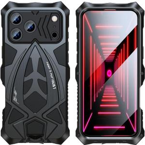 Case for iPhone 17 Pro Max, Military Grade Heavy Duty Cover with Screen Protector, 360° Full Protection Hybrid Metal Bumper with Built-in Silicone Shockproof, Shock-Absorbent(Black)