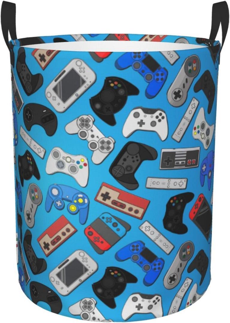 Video Game Controller Background Round Laundry Hamper Gaming Theme Game Joysticks Storage Basket Toys Clothes Organizer Bin For Home Bathroom Bedroom Dorm Nursery, 62l