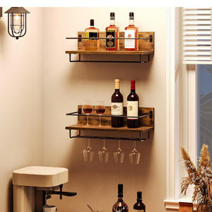 HOOBRO Wall Mounted Wine Rack 2 Pack, Wine Shelf Hanging Floating Wall Shelves, Wine Glass Bottle Rack Stemware Holder, for Living Room, Dining Room, Kitchen, Rustic Brown and Black BF28BJ01