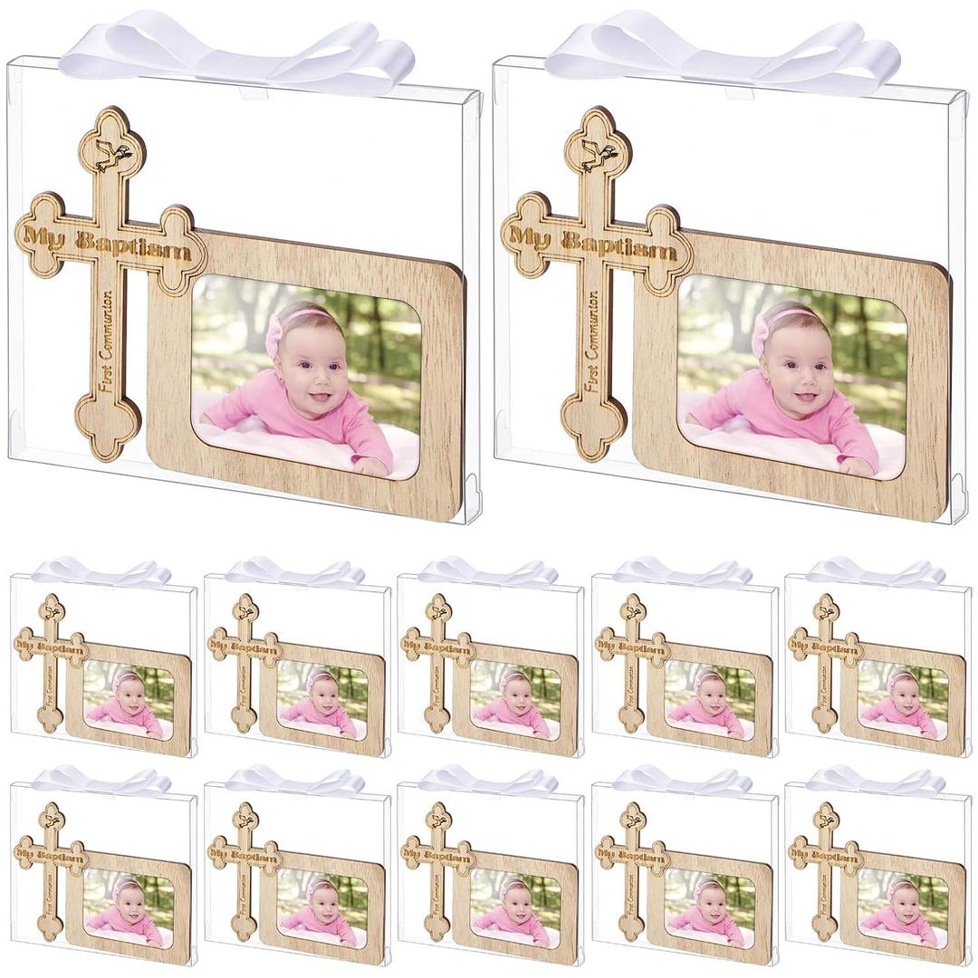 Yookeer 12 Set Baptism Picture Frame Catholic Baptism Gifts Wood Photo Frame Baby Shower Favors with Gift Box and Satin Ribbon Bows for Religious First Communion Decor, 2.6 x 1.8 Inch Photo