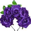June Bloomy Day of the Dead Headpiece Halloween Costume Headpiece Mexican Floral Crown Rose Headband (Leaf Purple)