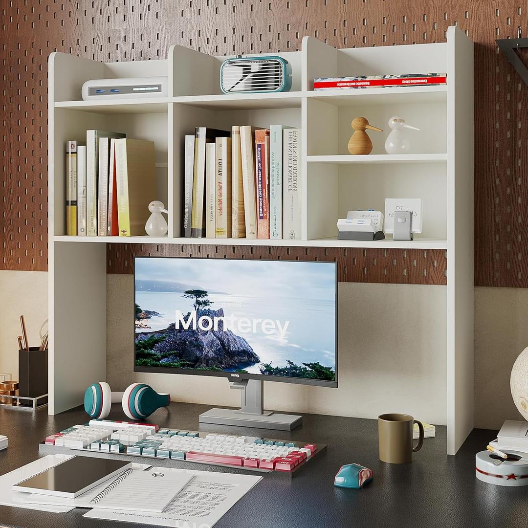 ChooChoo Desktop Bookshelf, Wood Desk Hutch Organizer with 7 Shelves for Computer Desk, Desktop Shelf Bookshelf Storage for College Dorm Office Home, White, 37 inches x 9.4 inches x 33.5 inches