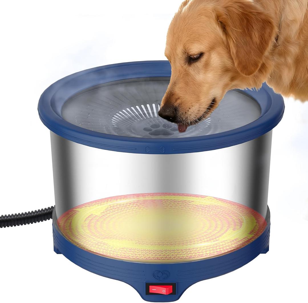 6.5L Heated Water Bowl, Stainless Steel Outdoor Heated Dog Bowl with Anti-Chew Cord, Large Capacity Heated Pet Slow Drinking Dish Provide Warm Water in Winter for Dogs (Blue)