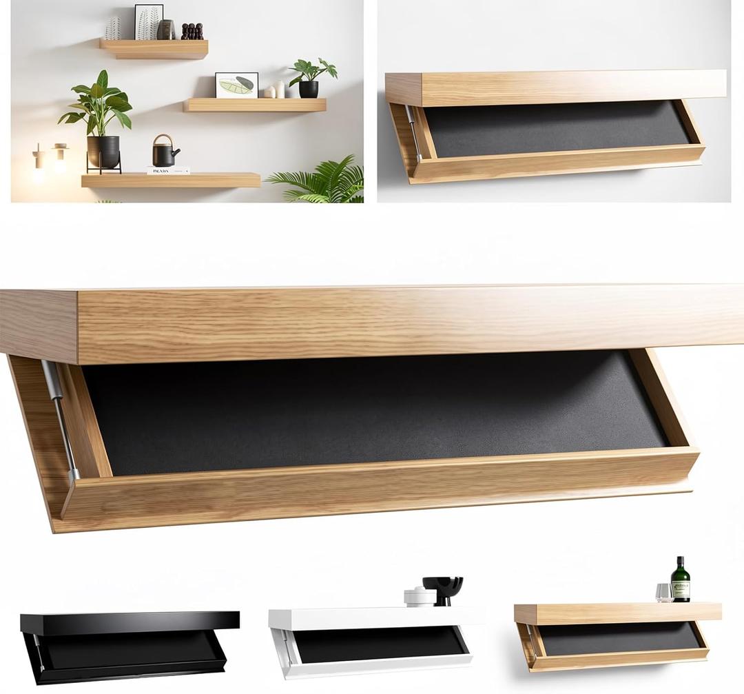 Hidden Storage Shelf with Secret Compartment, Floating Wall Shelf Concealment Shelf for Valuables, Hidden Wall Shelf for Living Room Bedroom Entryway Office (Wood Color)