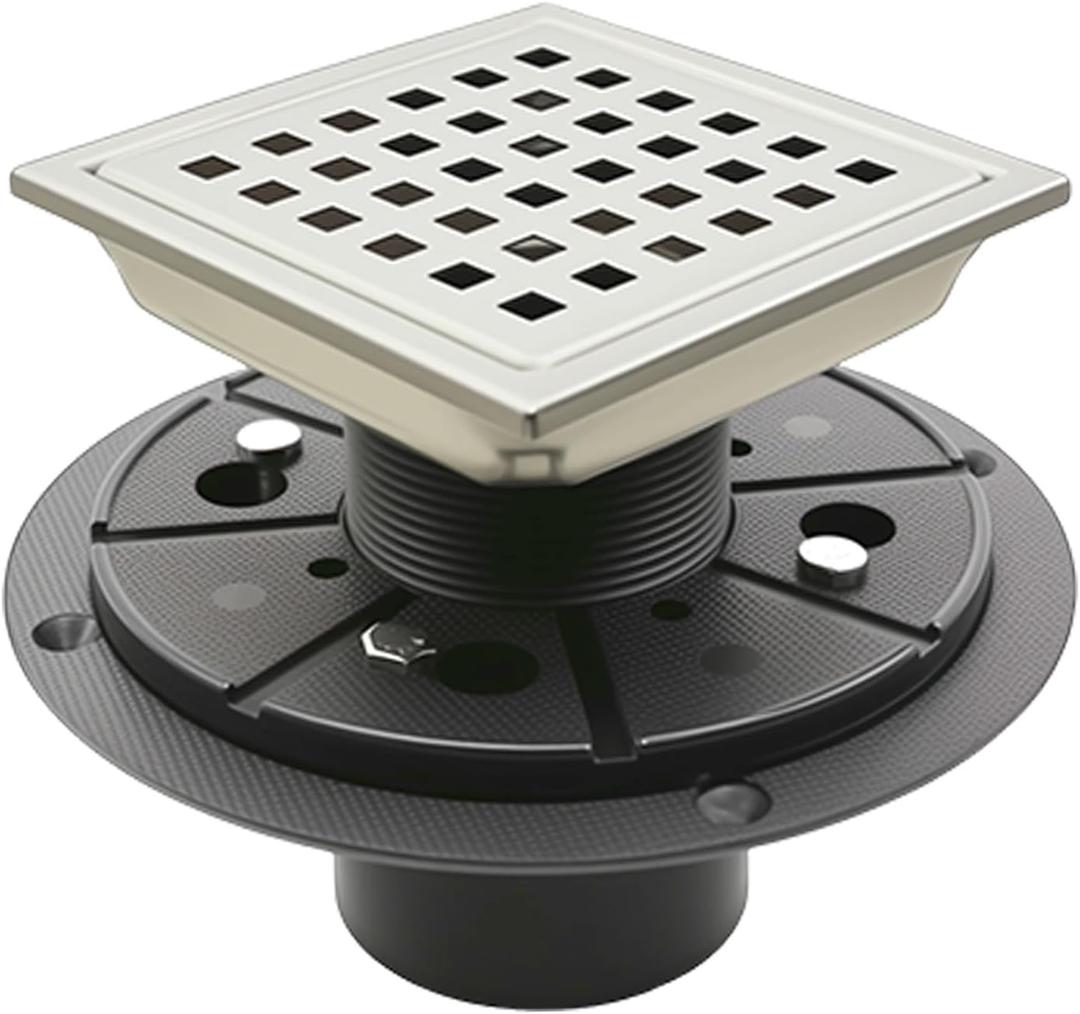 4" Square Shower Floor Drain with Flange,Quadrato Pattern Grate Removable,Food-Grade SUS 304 Stainless Steel,Watermark&CUPC Certified,Brushed (Brushed Nickel, 4 Inch)