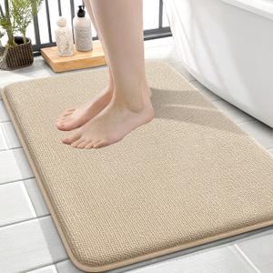 OLANLY Thick Memory Foam Bath Mat Rug 24x16, Extra Soft Absorbent Bathroom Rug, Quick Dry Bath Mats, Non-Slip, Machine Washable Carpet for Bathroom, Tub and Shower, Home Decor Accessories, Beige