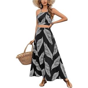 Women's 2 Piece Outfits Tropical Print Beach Outfits Tie Cami Crop Top Only, M