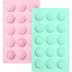 Flower Silicone Mold 2-Pack 15-Cavity Non-Stick Rose Shape Candy & Ice Cube Mold for Baking & Jelly Making (Pink, Green)