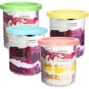 For Ninja Creami Deluxe Pints and Lids 4 Pack, NC500 NC501 Ice Cream Pint fit for Ninja Delux Ice Cream Maker, 24 oz. food container for Ninja Creami Deluxe (Blue,Pink,Yellow,Green)