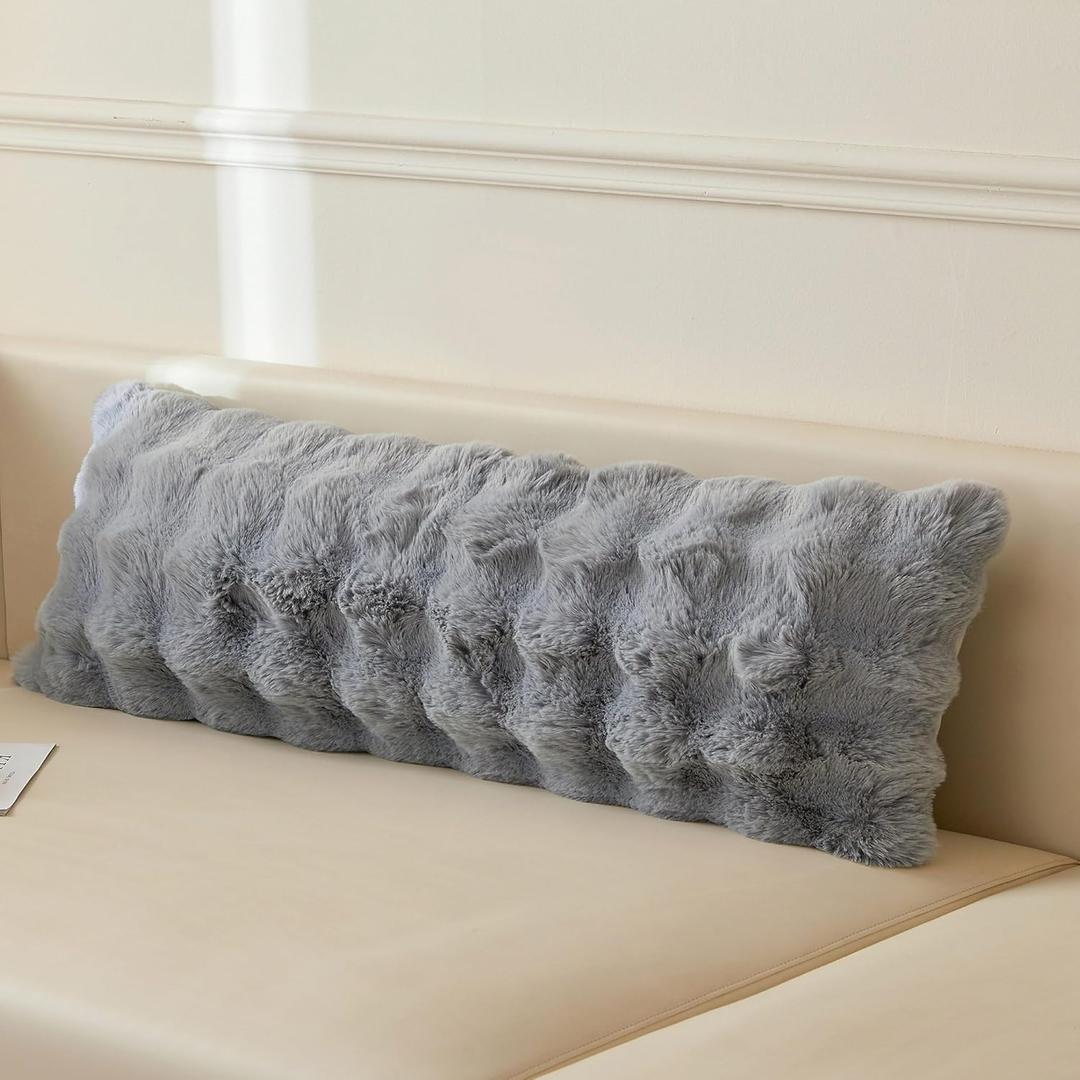 LIFEREVO Fluffy Faux Rabbit Fur Decorative Lumbar Throw Pillow Cover, Plush Shaggy 14x36 Bubble Waffle Cushion Long Pillow Sham with Zipper Closure, Furry Fuzzy Pillowcase Bed Couch Sofa, Light Grey