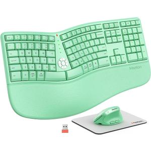 MEETION Ergonomic Keyboard and Mouse, Ergo Wireless Keyboard with Vertical Mouse, Split Curved Keyboard with Wrist Rest, Full Size Natural Typing, Windows/Mac/Computer/Laptop, Green