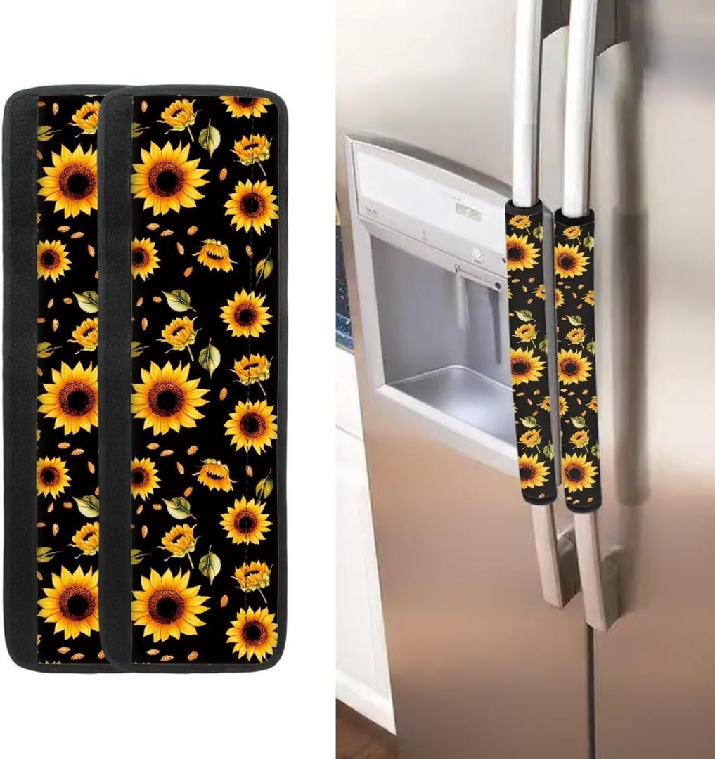 Sunflower Design Refrigerator Handles Cover Set for Kitchen Sunflower Fridge Door Handle Covers Set of 2, Non-Slip Kitchen Appliance Armrest Decoration Mat Easy to Clean Soft Comfort