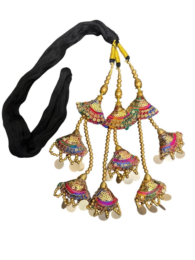 Traditional Punjabi Paranda for Hair Handmade Black Thread Choti with Golden Beads, Colorful Embroidery & Sequin Tassels Ethnic Bridal & Festive Hair Accessory (33" Length)