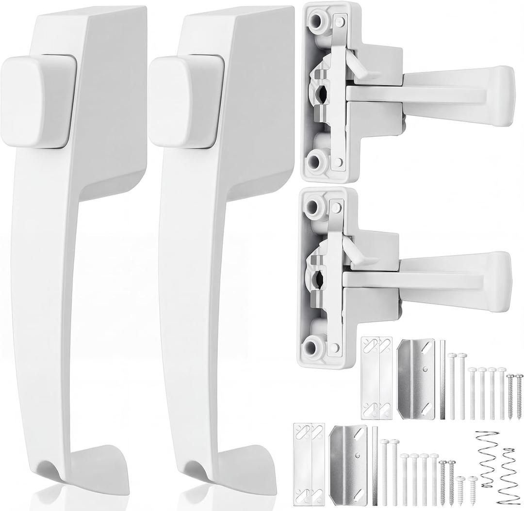 Novabright 2 Set Storm and Screen Door Push Button Latch, Fits Doors 5/8 1-1/4 Thick, Storm Screen Door Handle Replacement with Latch, Easy Installation, No Lock-out, Aluminum Finish, Modern (White)