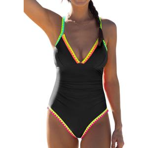 popvil One Piece Swimsuit 2025 Tummy Control Women Bathing Suit Shapewear Swimsuits Slimming Neon Cute Tie Back Swimwear (Black, M)