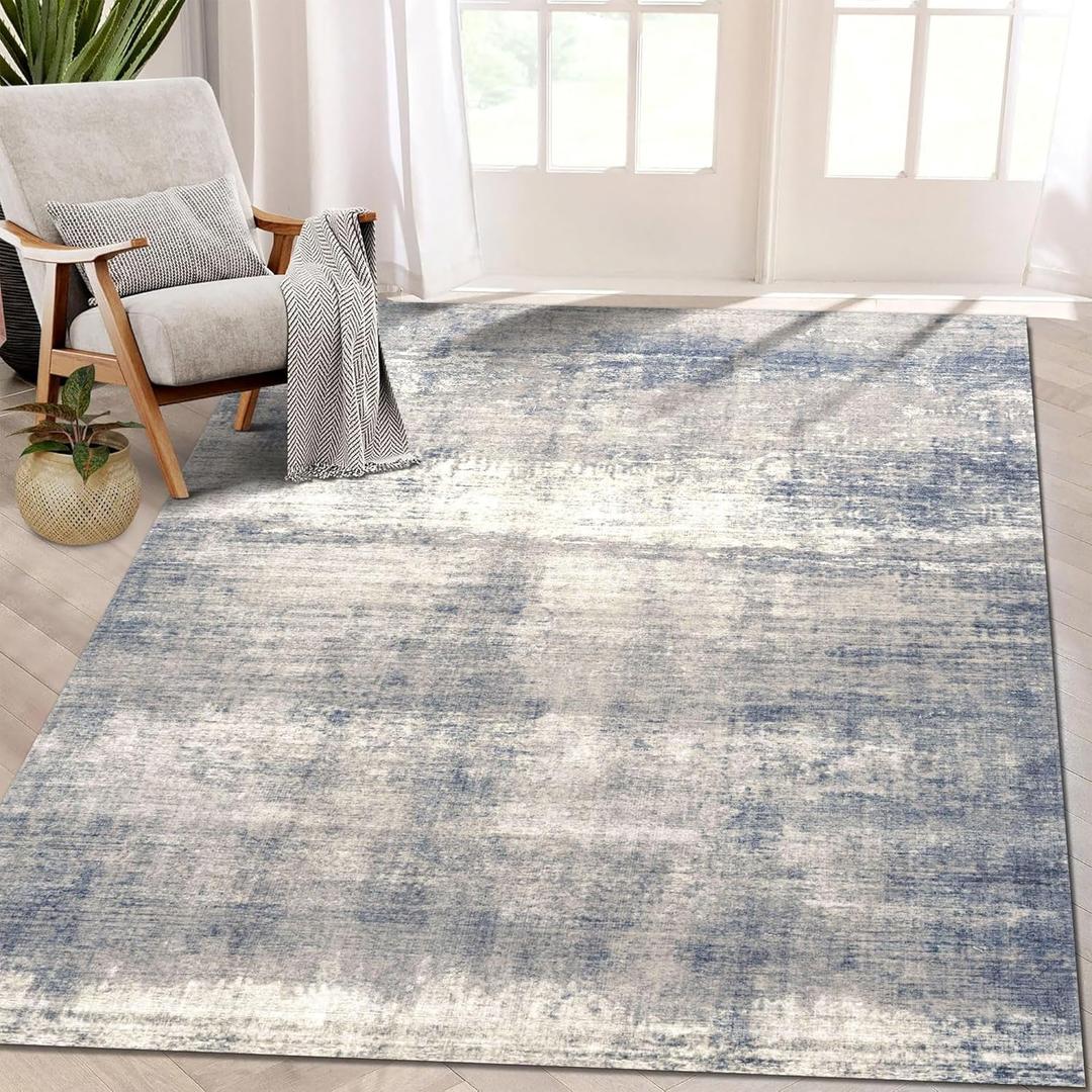 vivorug Washable Rug, Ultra Soft Area Rug 3x5, Non Slip Abstract Rug Foldable, Stain Resistant Rugs for Living Room Bedroom, Modern Fuzzy Rug (Gardual-Blue, 3'x5')