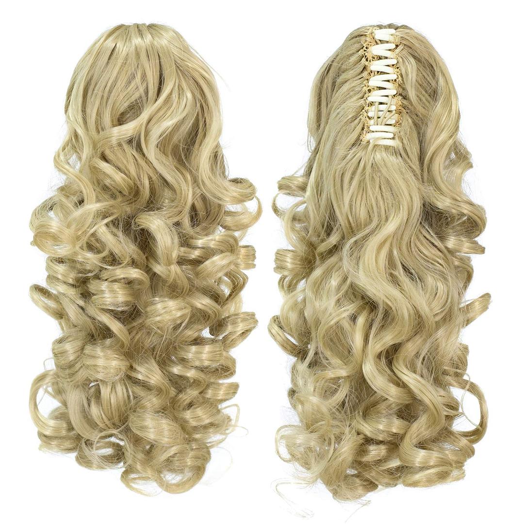 SWACC 12-Inch Short Screw Curls Claw Ponytail Extensions Synthetic Drawstring Curly Hairpiece Jaw Clip Hair Extension (Dark Honey Blonde/Bleach Blonde Mixed- 16/613)