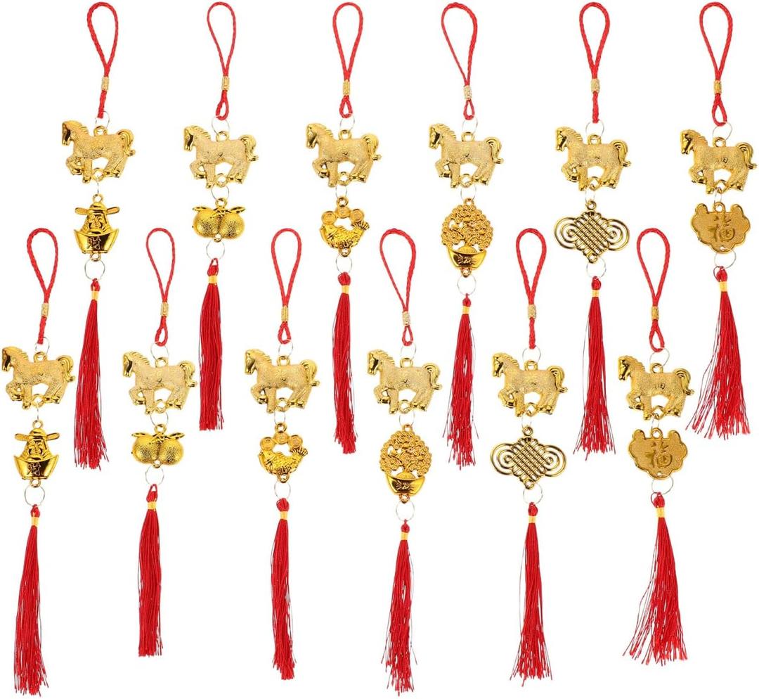 12 PCS 2026 Year of The Horse Chinese New Year Decorations,11.79 Inch Tassel Ornaments with Horse Feng Shui Lucky Charms for Cars Doors Windows Bonsais for Wealth Success Good Luck