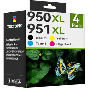 TOKYOINK 950xl and 951xl Ink Cartridges Combo Pack Replacement for HP 950 951 Ink Cartridges Combo Pack Works for HP 8600 Officejet Pro 8610 8620 8630 8100 8615 Black Cyan Magenta Yellow, 4 Pack