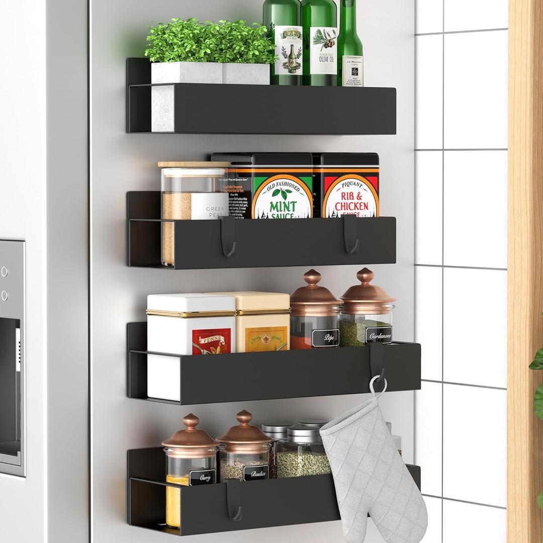 HuggieGems 4 Pack Magnetic Spice Storage Rack Organizer for Refrigerator and Oven, Black Fridge Organizers and Storage (1)
