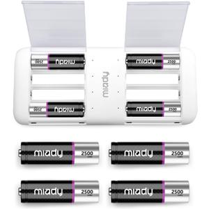 Miady Rechargeable Lithium AA Batteries 8 Pack with Fast Charger, 1.5V 2500mWh High-Power Lithium Batteries AA,Low Self-Discharge Double A Batteries up to 2000+ Cycles