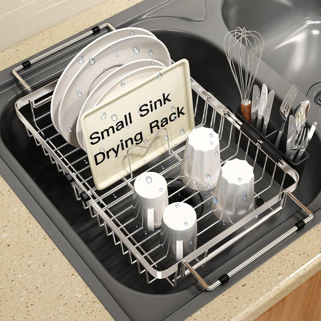 Small Expandable Over The Sink Dish Drainer Drying Rack In Stainless Steel Metal For Kitchen, Counter Space Saving Compact Above Plate Dryer Strainer, Adjustable Hanging Inside Sink Wire Drain Holder (Silver)