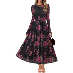 MEROKEETY Women's Long Sleeve Spring Wedding Guest Dress 2026 Crewneck Floral Flowy Mesh Cocktail Maxi Dresses (M)