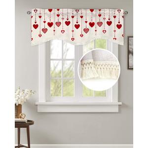 Red Stripe Valance Love Scalloped Curtain Valances, Rod Pocket Kitchen Window Valances with Tassel, Romantic Spring Valance Curtains for Bedroom Living Room Retro Cotton Linen Short Curtains 54x18In