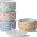 Chubacoo Ceramic Bowls Set with Lid: Microwave Safe Soup Containers for Meal Prep, Cereal, Salad, Picnic, Camping, Office Lunch, Kitchen Food Storage - 5 Inch, 20 oz, 4 PCS, Design D