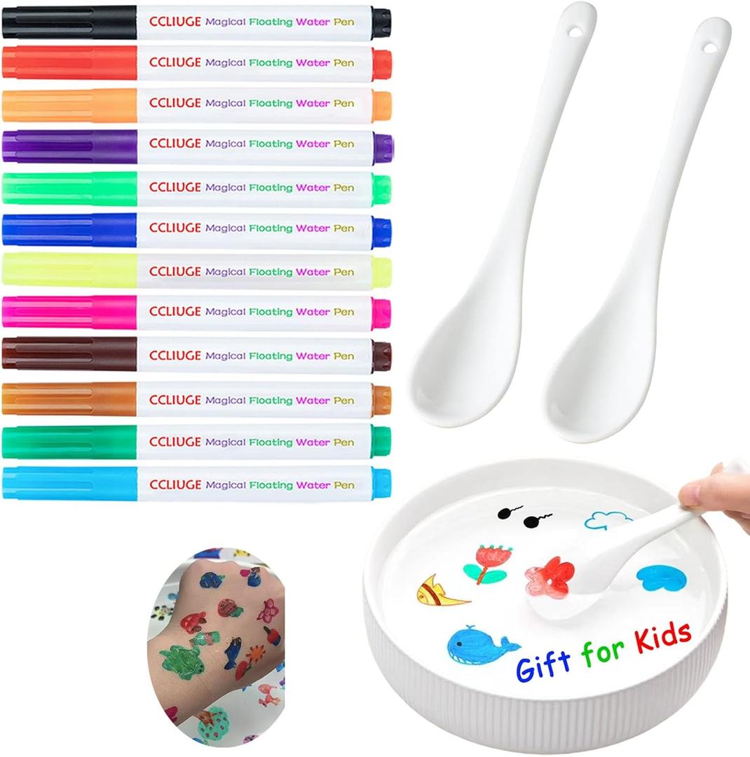 Magical Drawing Pens for Kids Water, Kiddies Create Magical Floating Drawings Bundle, 12 Colors Magic Water Painting Marker Set with 2 Spoons, Water Art Pen Kit for DIY Tattoo, Gifts for Boys & Girls