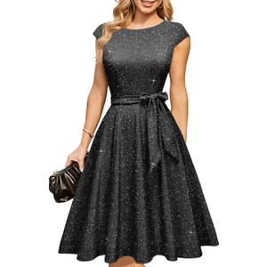 DRESSTELLS Women's Cocktail Dresses, Formal Wedding Guest Modest Church Vintage Tea Party Midi Evening Dress (Large, Glitter_black)