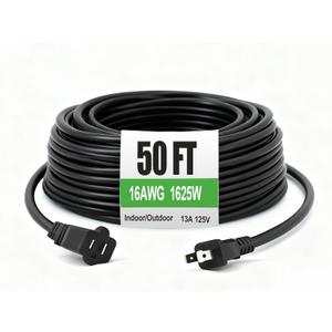 Extension Cord 50 Ft-2 Prong Outdoor Extension Cord,16AWG 13A 1625W Waterproof Extension Cable for Garden, Lawn, Outdoor Power Tools（Black）