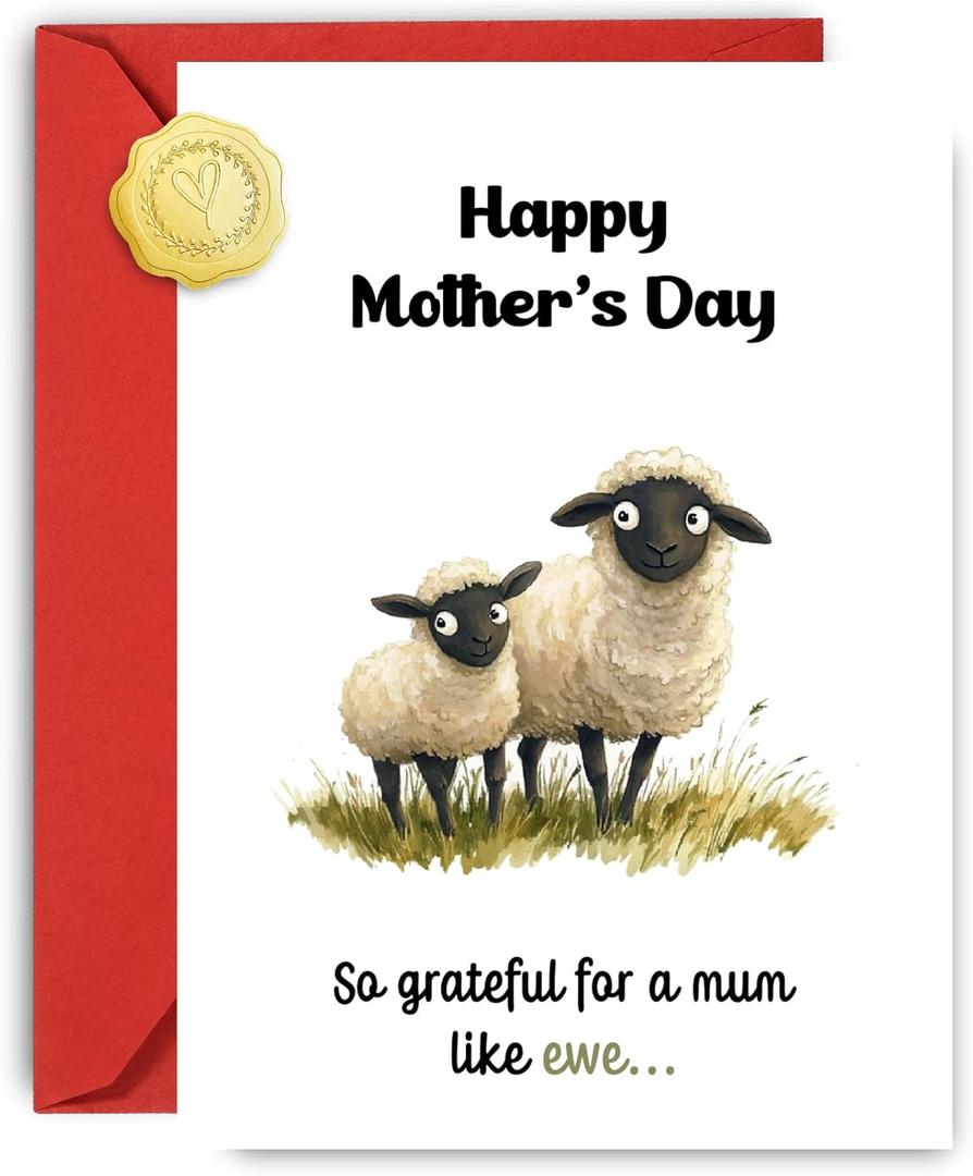 4 x Funny Sheep Mothers Day Card, So Greatful, Humor Sheep Happy Mother's Day Greeting Card with Envelopes, Thank You, Birthday Card for Mom from Daughter, Son (Black)