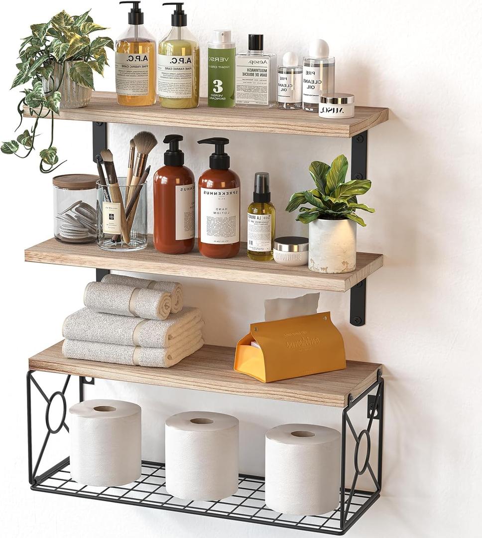 Amada Bathroom Shelves Over Toilet with Storage Basket, Floating Shelves Wall Shelves for Home Organization & Wall Decor, Bathroom/Kitchen/Living Room ShelvesNatural Wood