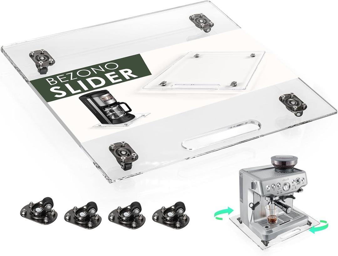 360 Sliding Tray for Coffee Maker & Kitchen Appliances - Silent Rubber Wheels, Clear Acrylic Organizer Tray for Under Cabinet - Space Saving Countertop Accessory, 13x14 Inch (Clear) (14x13)